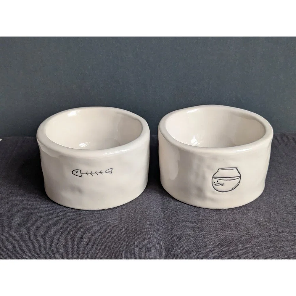 2 Rae Dunn Magenta Boutique Cat Bowls Gold Fish SLURP MEOW Pet Water Food Bowls